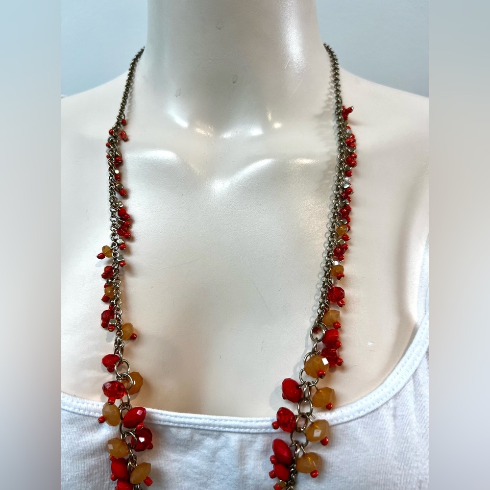 Long Red Coral Amber Bead Chain Necklace Jewelry - Picture 6 of 9